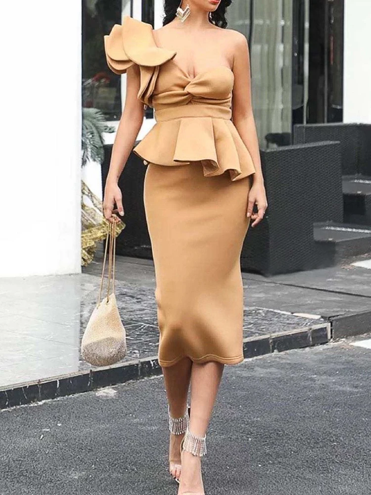 

Elegant Women Dresses One Shoulder Ruffles Sleeve Backless Women Sexy High Waist Peplum Midi Evening Party Outfits for Ladies