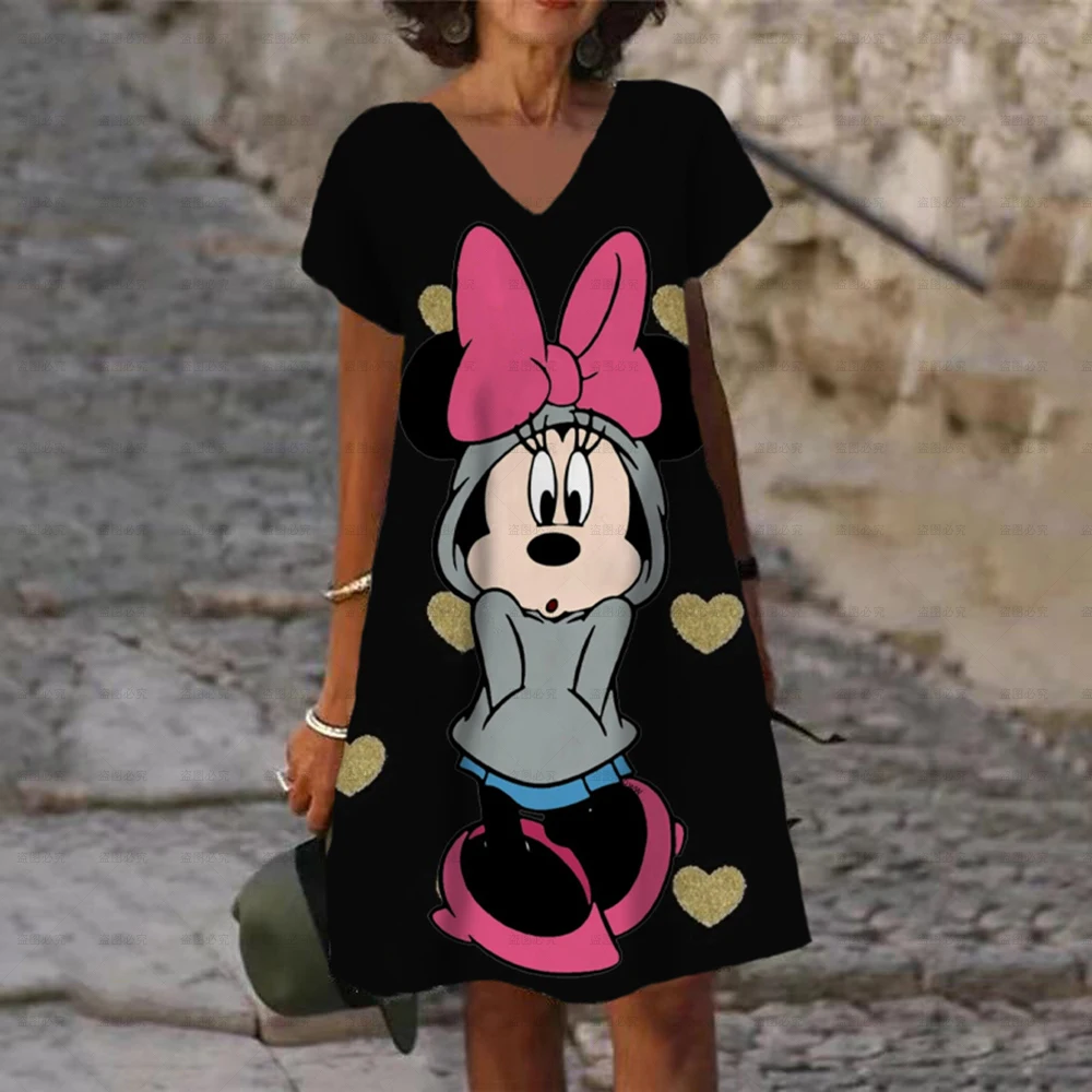 

New Summer Disney Minnie Mickey Sexy Beach Dress 3D Print Women V-neck Short Sleeve Dresses Hawaii Bohemia Vintage Beachwear