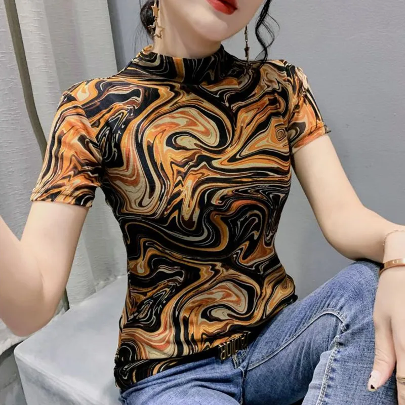 

#7917 Mesh Printed T Shirt Women Half High Collar Vintage Tshirt Short Sleeve Tight Sexy Retro Korean Style Tee Shirt Femme Slim