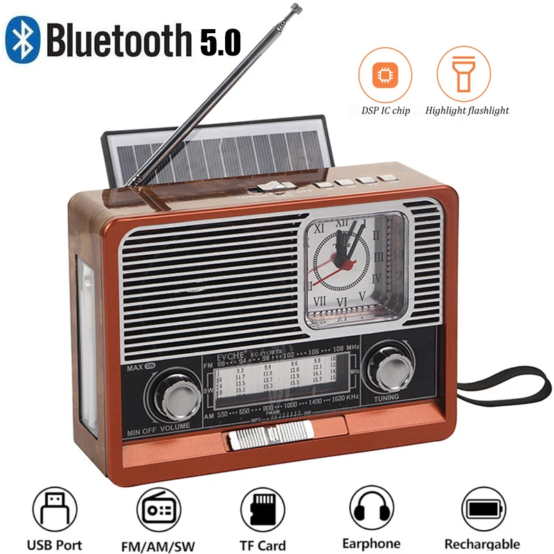 Портативный ретро радио FM/AM/SW1-6 приемник Bluetooth динамик Солнечный MP3 музыкальный