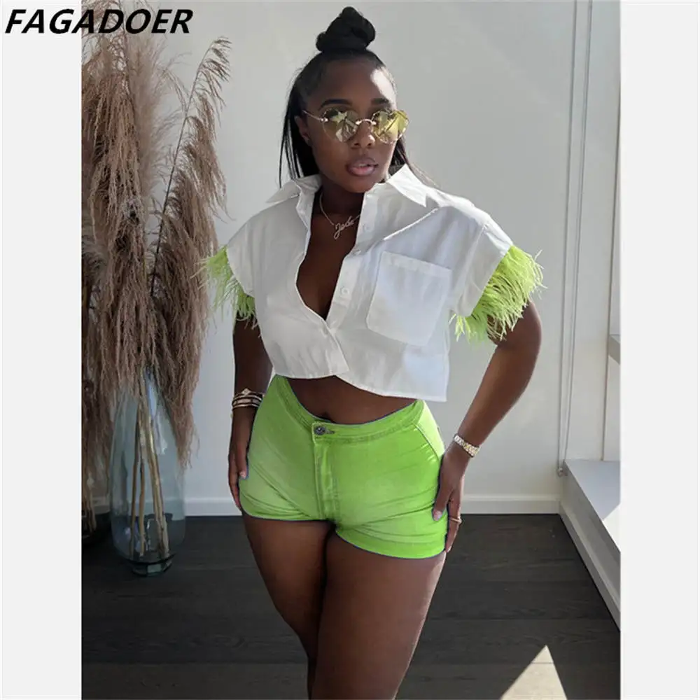 

FAGADOER Fashion Stitching Hairy Crop Top And Skinny Shorts Two Piece Sets Summer Women Solild Matching Outfits Streetwear 2022