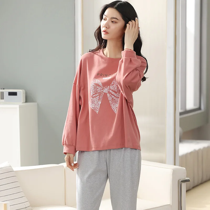 Yasuk Spring Autumn Fashion Women's Casual Lovely Cotton Pocket Sleepwear Homewear Simple Pajamas With Pants Sweet Princess Bow