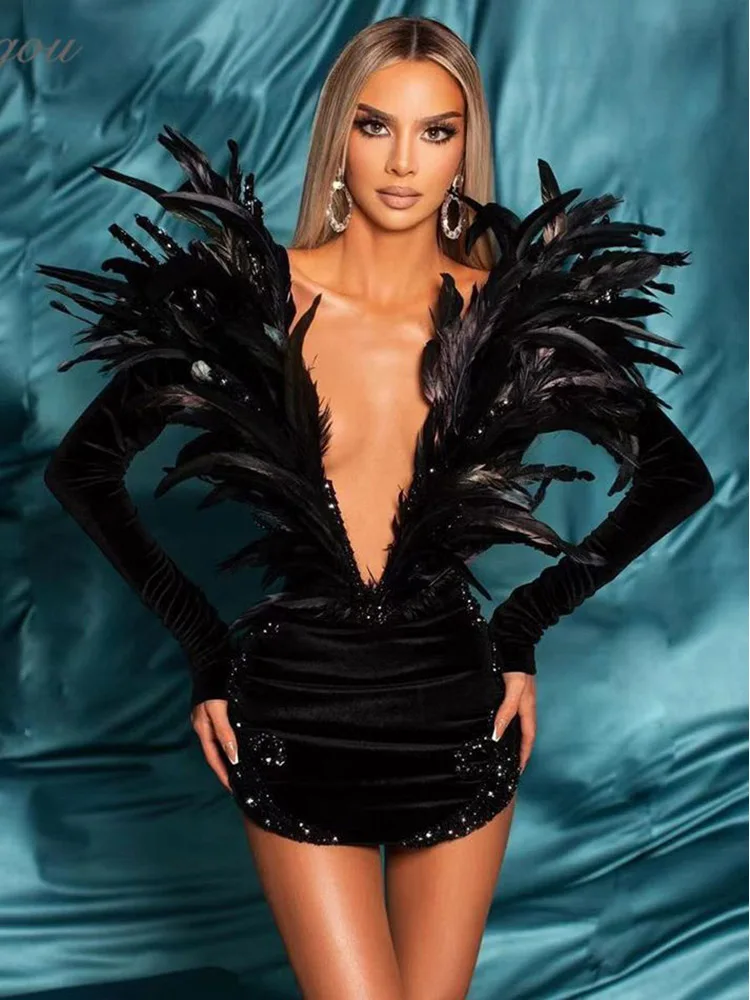 

Kritt Sexy Luxury Beaded Mini Cocktail Party Dress V-neck Feather Crystal Long Sleeve Formal Party Robe Cocktail Party Dress