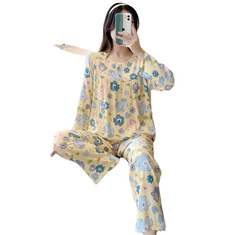 New Pajamas Women's Summer Thin Long-sleeved Trousers Cool Feeling Suit Comfortable and Breathable Loungewear with Round Neck