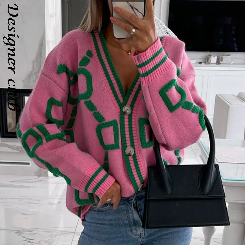 

Women Cardigan Green Striped Pink Knit Button Lady Cardigans Sweaters V-neck Loose Casual Winter Fashion Knitted Coat