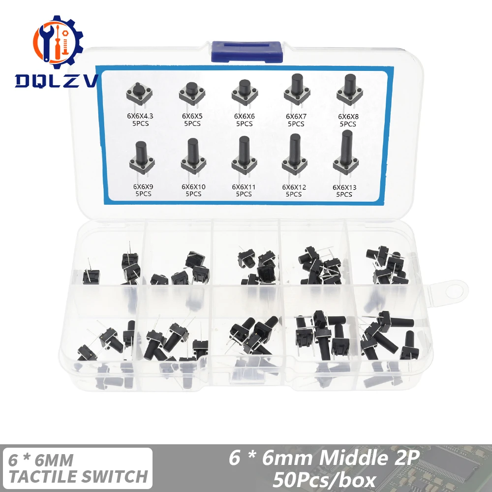 

10 Тип 6*6 Легкий микросенсорный переключатель Набор кнопочных переключателей Высота: 4,3 5 ~ 12 мм DIP SMD Аксессуары для инструментов 2P/4P 6x6 клавиш Tact