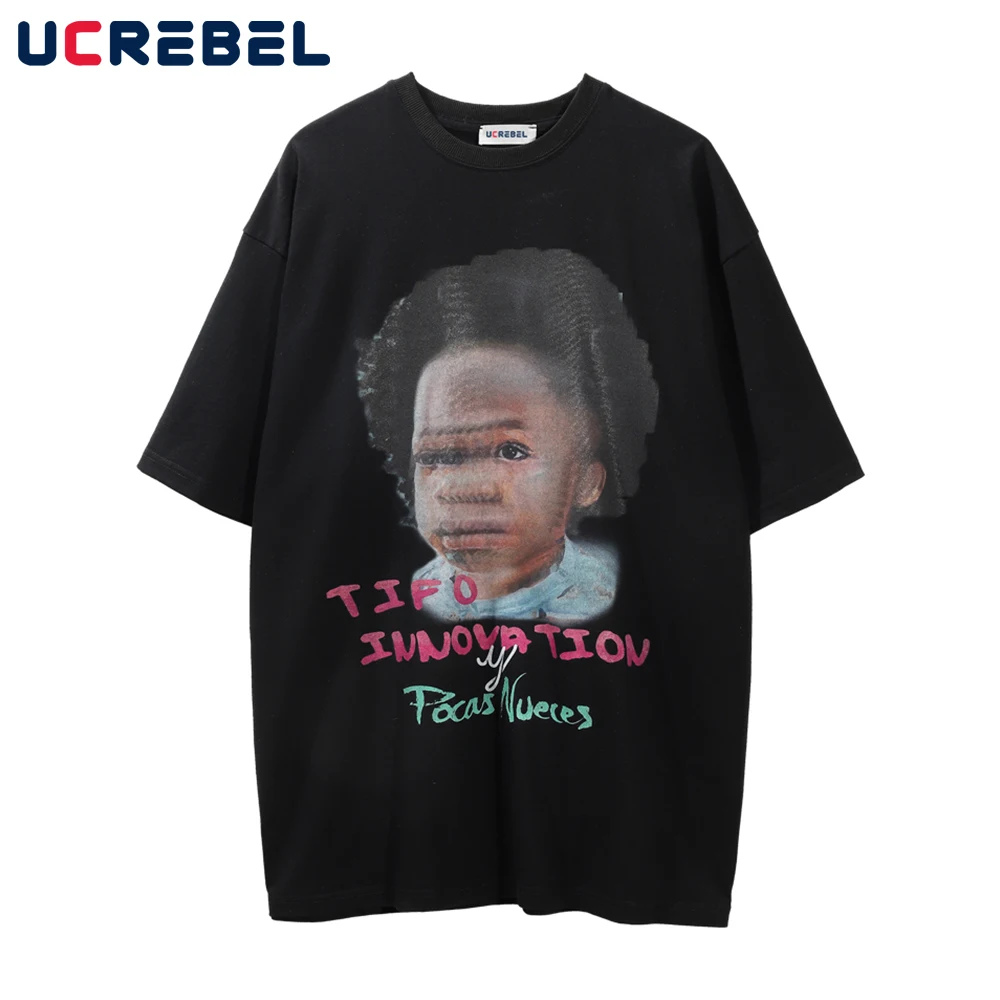 

Portrait Print Short Sleeve T-shirt Mens Summer Cotton Tee Streetwear Casual Loose Half-Sleeve Men