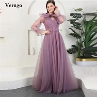 verngo modest dark purple tulle evening dresses puff long sleeves ruffles pleats modest prom dress arabic women formal gowns