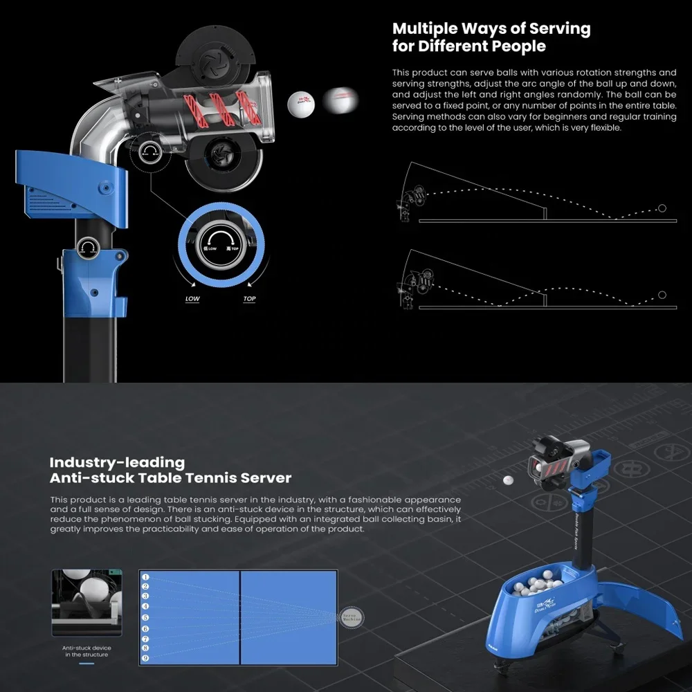 Профессиональный вращающийся робот для настольного тенниса с двойной рыбой и