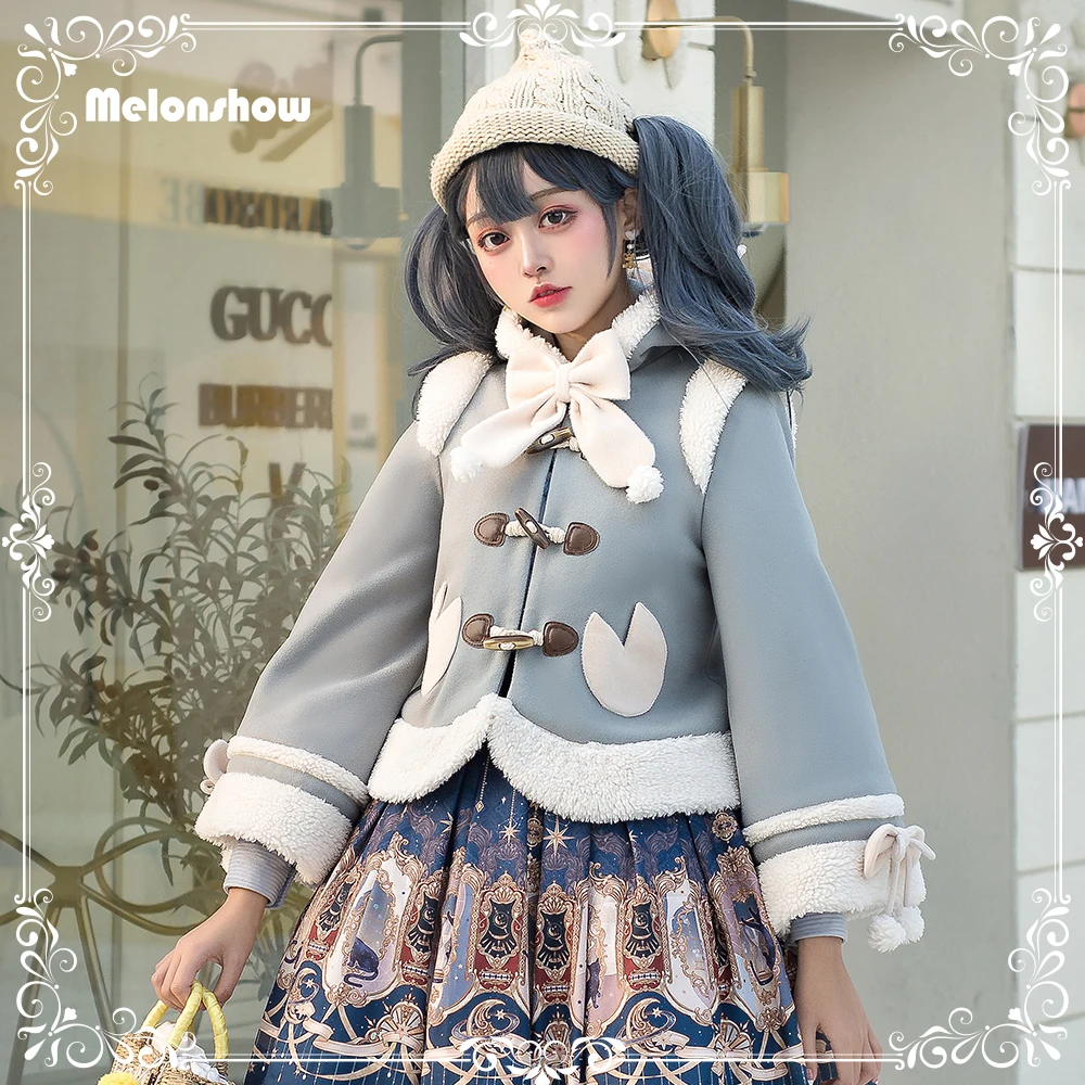 

Melonshow Women Autumn Winter Coat Fleece Thickened Hoody Jacket Lucky Bull Hoodie Sweet Lolita Top Loose Buckle Flared Sleeves