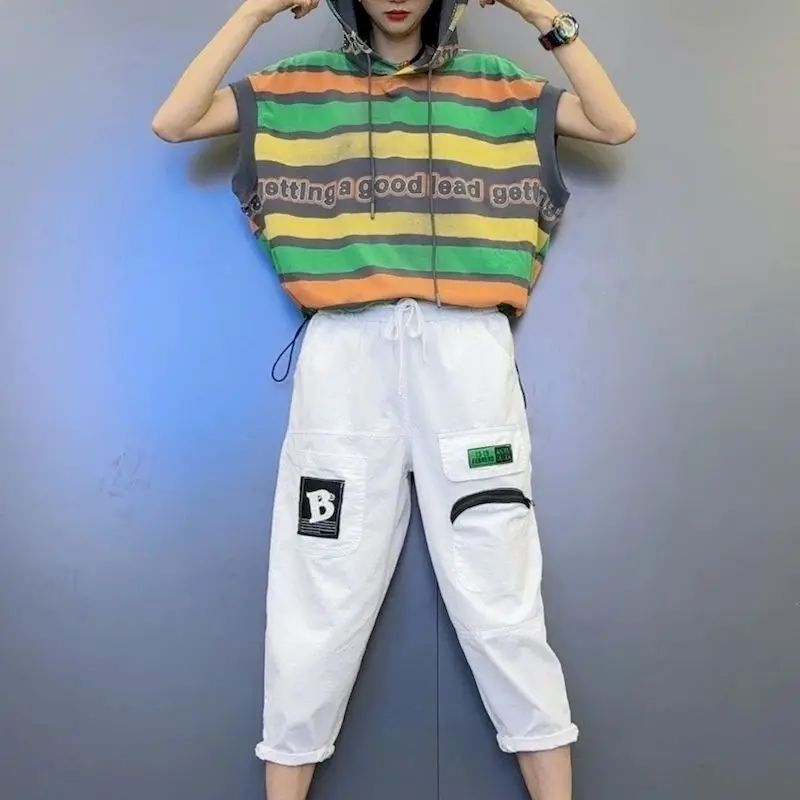 Футболка женская в полоску с капюшоном и коротким рукавом из 95% хлопка