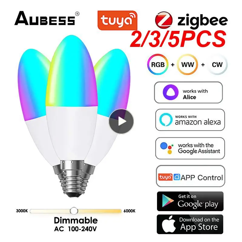 

2/3/5PCS 5w Zigbee Smart Lamp Voice Control Dimmable Smart Light Bulb Rgbcw Tuya Zigbee Smart Home E14 Led Bulb