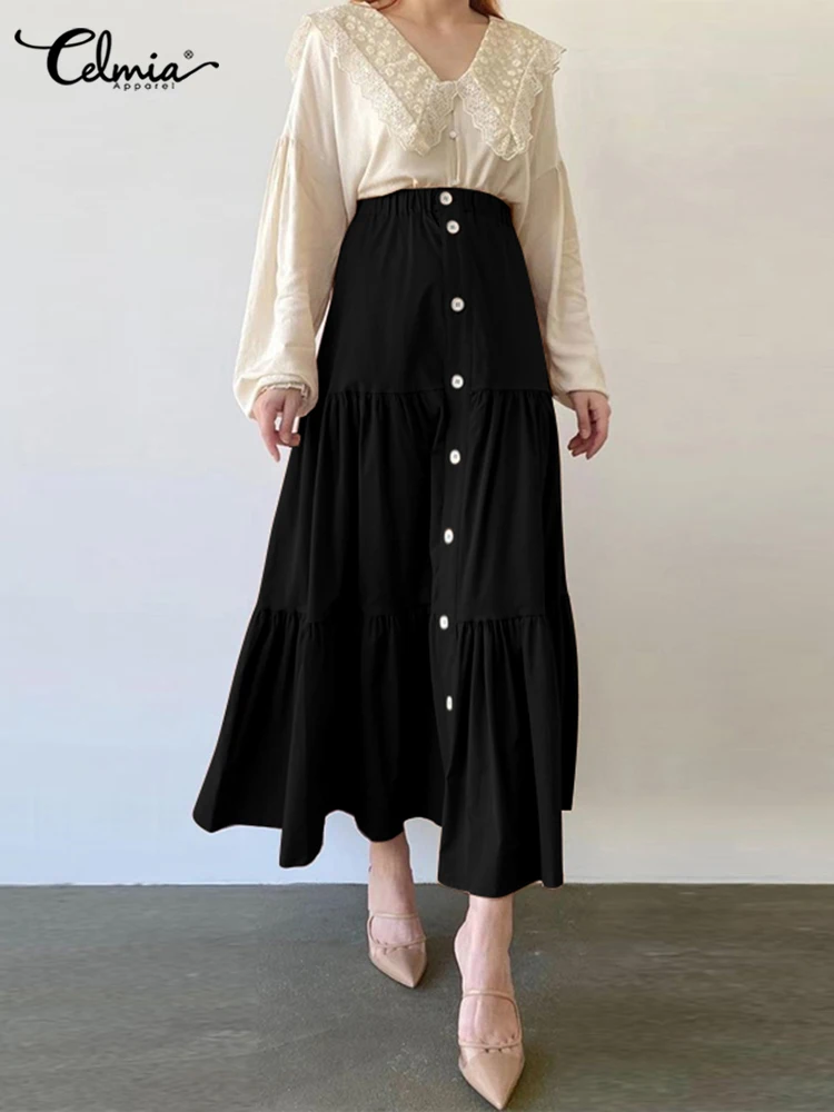 

Celmia Vintage Solid Maxi Skirts Women Elastic Waisted Long Jupes Party Holiday Pleats Stitching Faldas Fashion Buttons Skirt