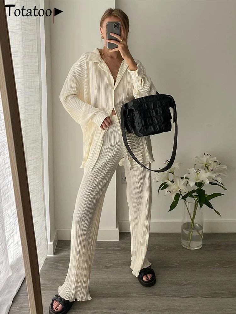

Totatoop Daily Home Suit Pleated Long Sleeve Blouse Shirt And Wide Leg Pant Two Piece Set 2022 Autumn Beige Outfit Matching Set
