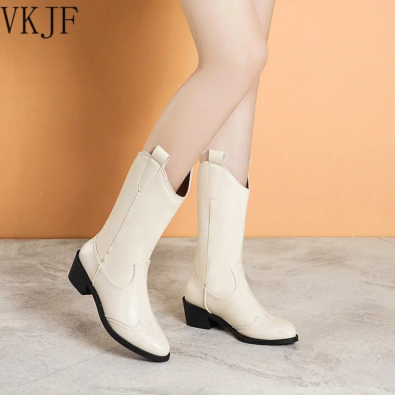 

Женские ковбойские ботинки до середины икры, черные ботинки из искусственной кожи в стиле ретро, рабочая винтажная повседневная обувь-Оксф...