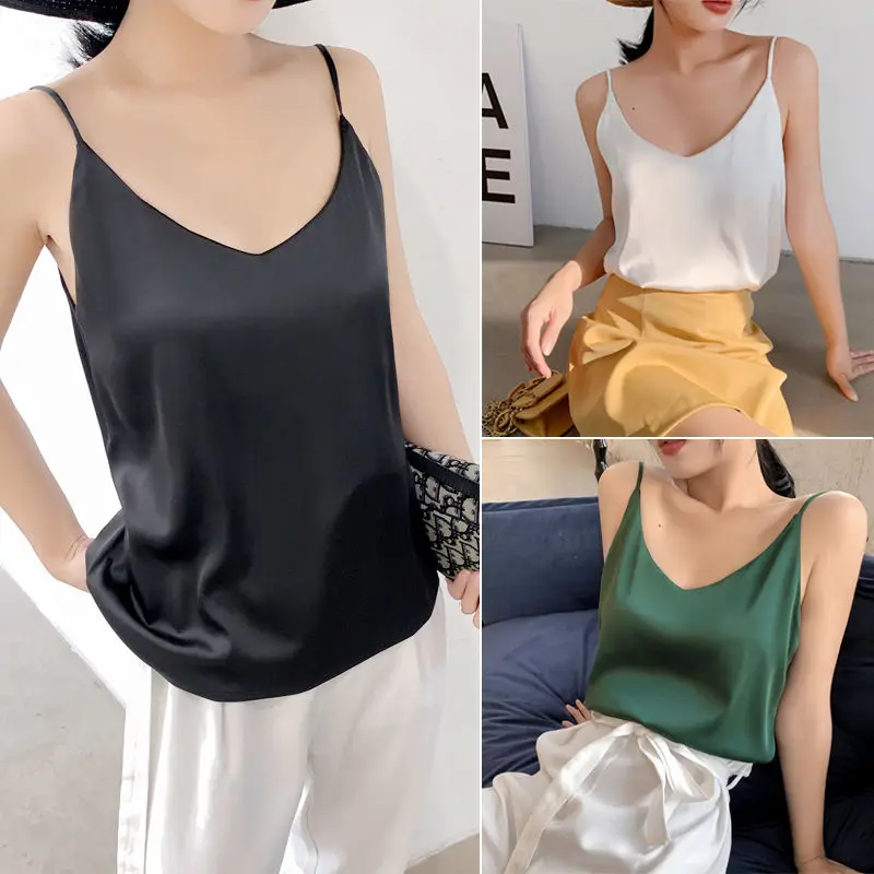 

M-XL Spaghetti Strap Top Women Halter V Neck Basic White Cami Sleeveless Satin Silk Tank Tops Women'S Summer Camisole Fashion