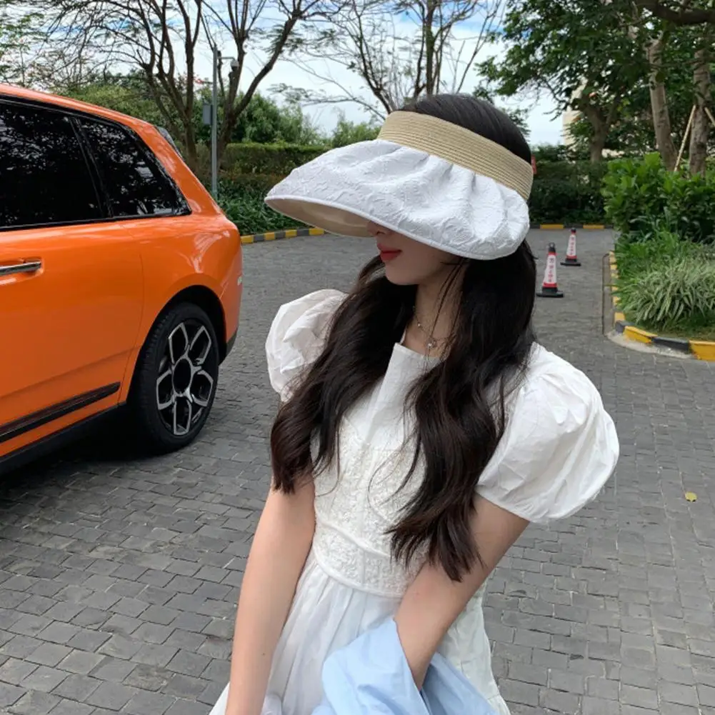 

Summer Hat Women Empty Top Wide Brim Sun Hat UV Resistant Pleated Design Lightweight Empty Top Summer Cap for Travel