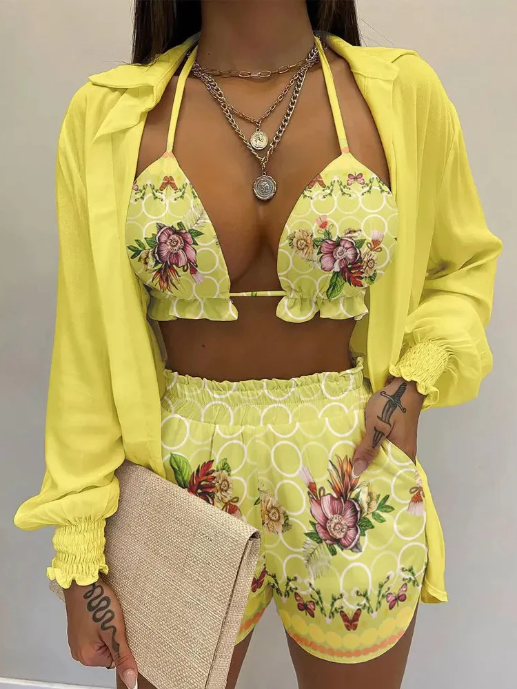 

Однотонный женский летний комплект из 3 предметов, Кардиган с длинным рукавом, топ на бретельках и шорты, женская одежда свободного кроя, Прямая поставка