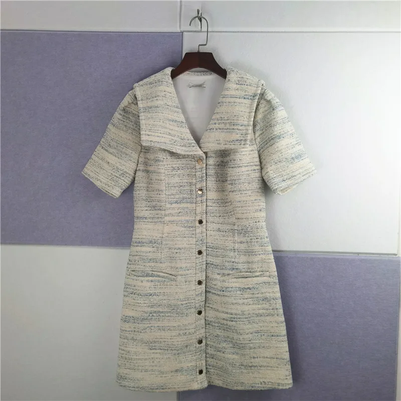 

2022 Spring and Summer New Elegant French Navy Collar Single Breasted Light Blue Wool Casual Dress Short