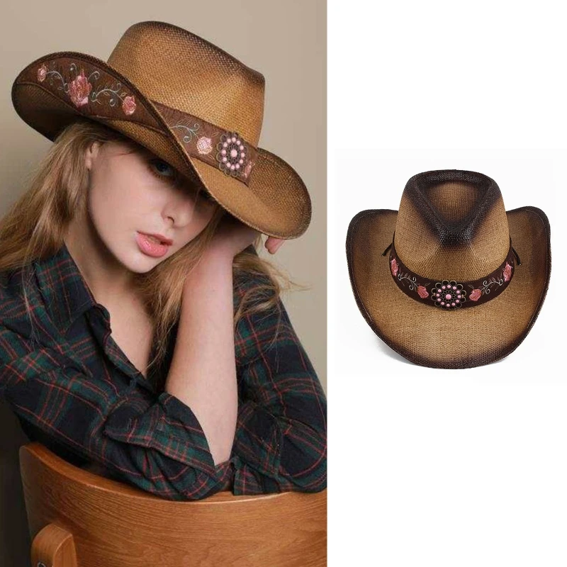 

Retro Pirate Hat Unisex Straw Weaving Ladies Cowboy Hats Party Embroidery Flowers Western Style Bonnet Cosplay Hat