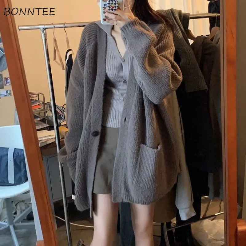 

Свитера, Кардиган, Женский мешковатый однотонный минималистичный подходящий ко всему серый студенческий персональный уличный Кардиган с к...