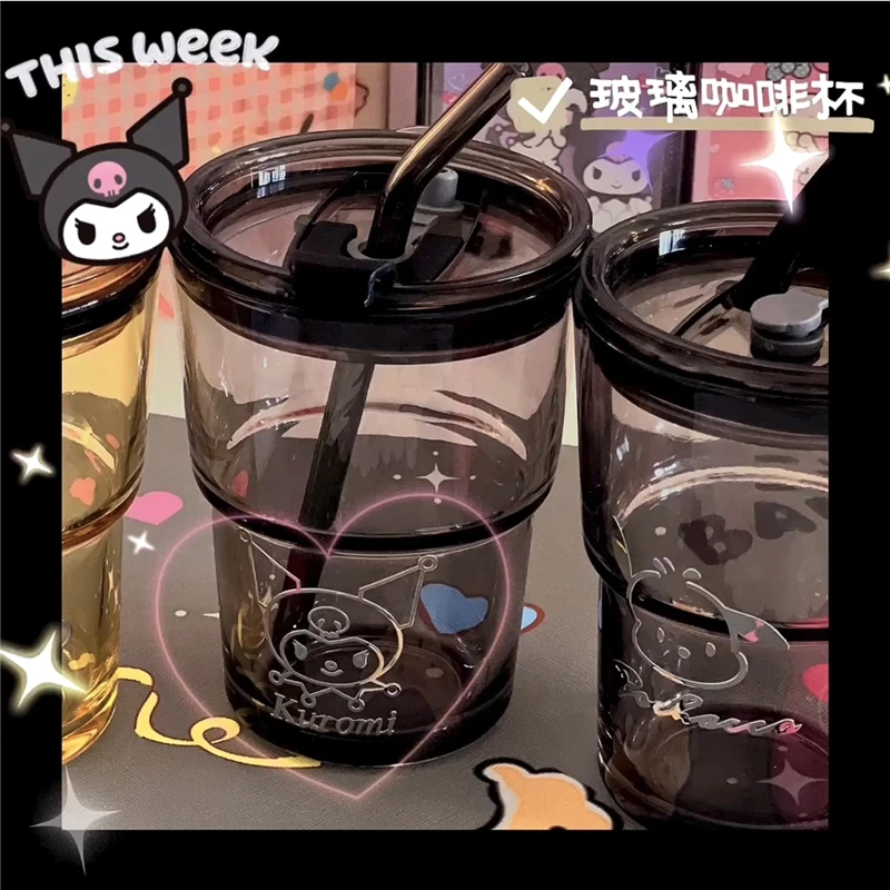 

400Ml Kawaii Kuromi My Melody Cinnamoroll Glass Straw Cup Anime Sanrioed Girl Heart Double Drink Coffee Milk Cup Girl Gift