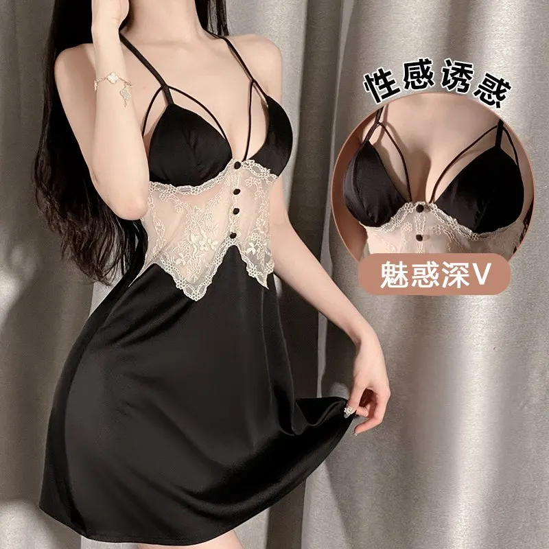 

Female Women Backless Exotic Pajama with Chest Pad Homewear Sling Satin Night Dress Sexy Sleepwear Vintage Lace French Nightgown