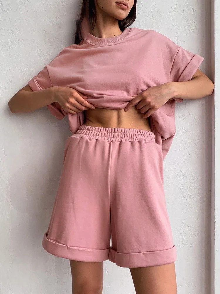 

Ladies Fashion Solid O-Neck T-Shirt Elastic Waist Pants Suit Rolled Sleeve T-Shirt Shorts Suit Summer Leisure Sports Two-piece