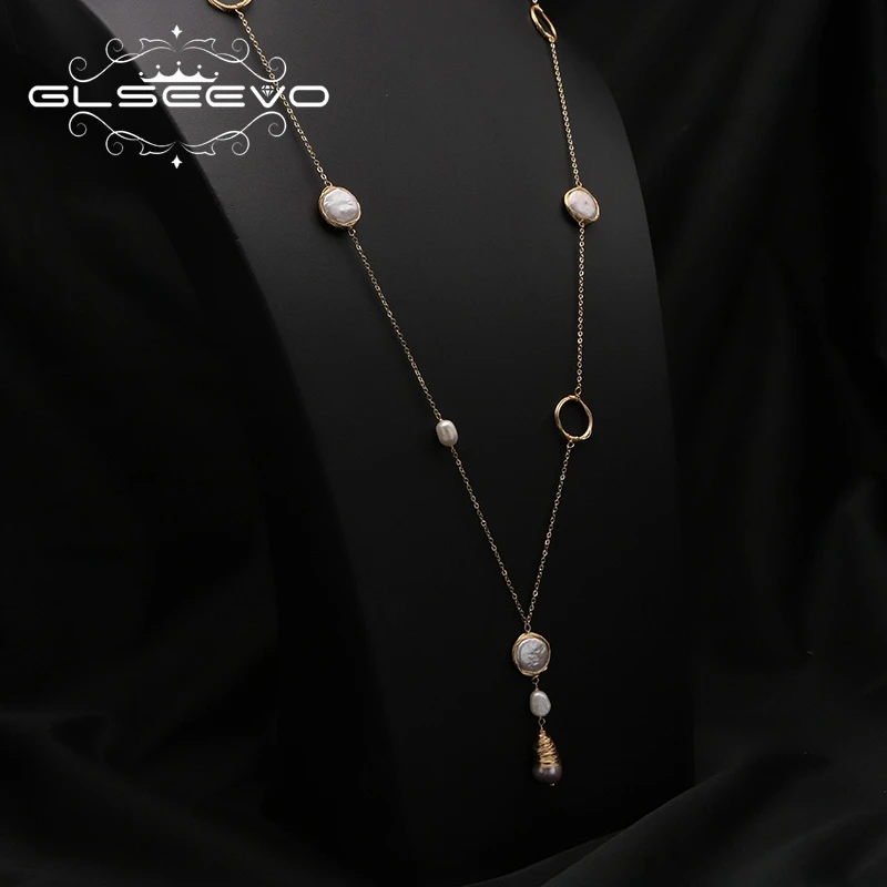 

GLSEEVO Natural Baroque Pearls Sweater Chain Pendant Necklace Luxury Fashion Retro Romantic Charm Fine Jewelry Thanksgiving Gift