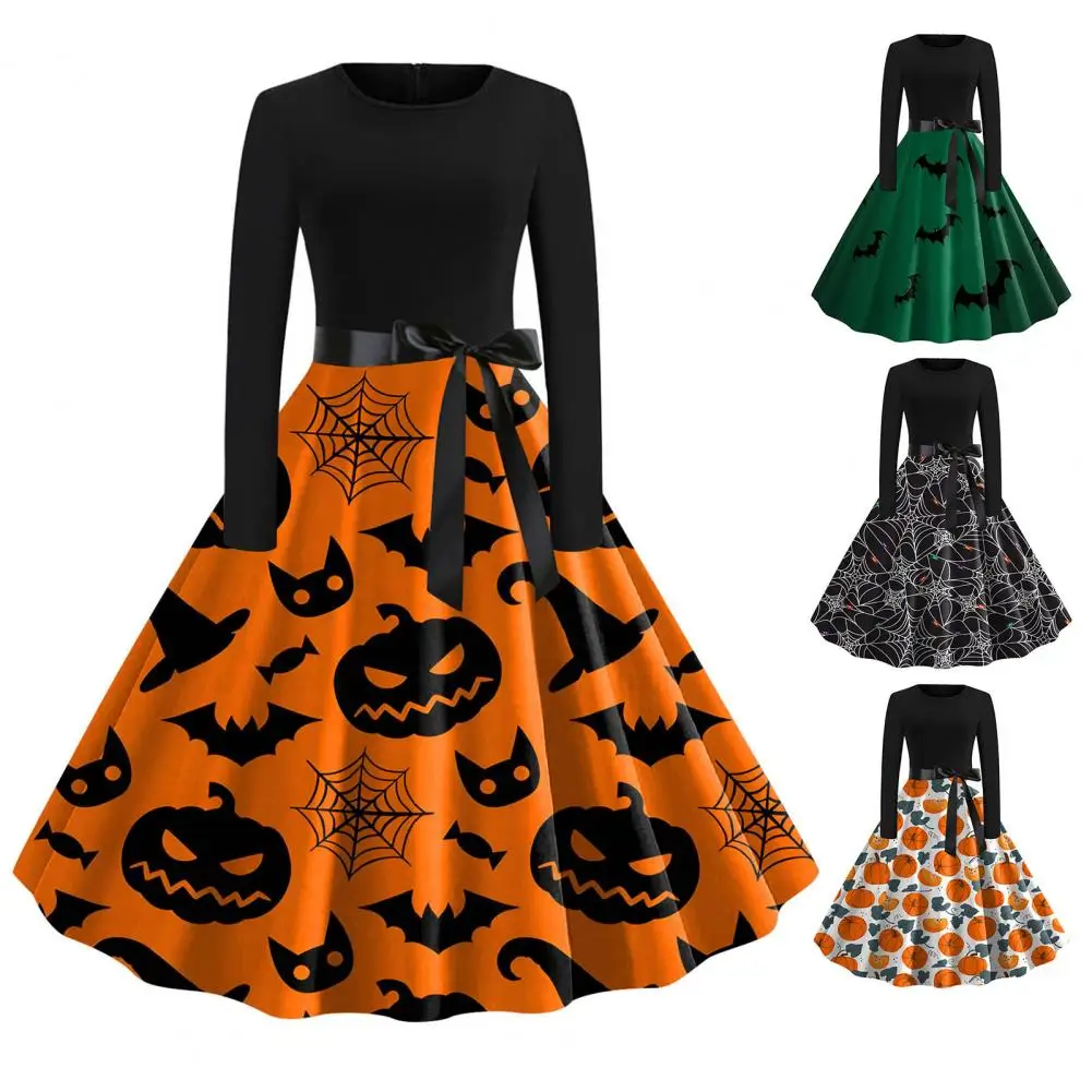 

Women Halloween Dress Vintage Bat Pumpkin Printed Swing Dress for Women Retro A-line Halloween Costume Midi Dress for Cocktail