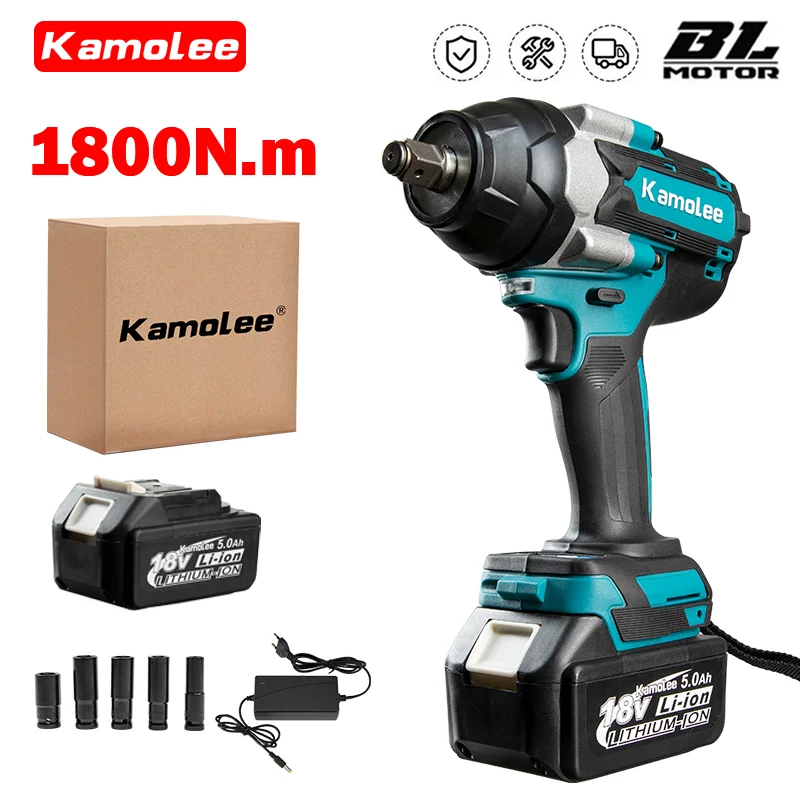 

[1x5.0Ah Battery + Carton]Kamolee 1800N.m Electric Impact Wrench Rechargeable Wrench Cordless For Makita 18v Battery DTW700
