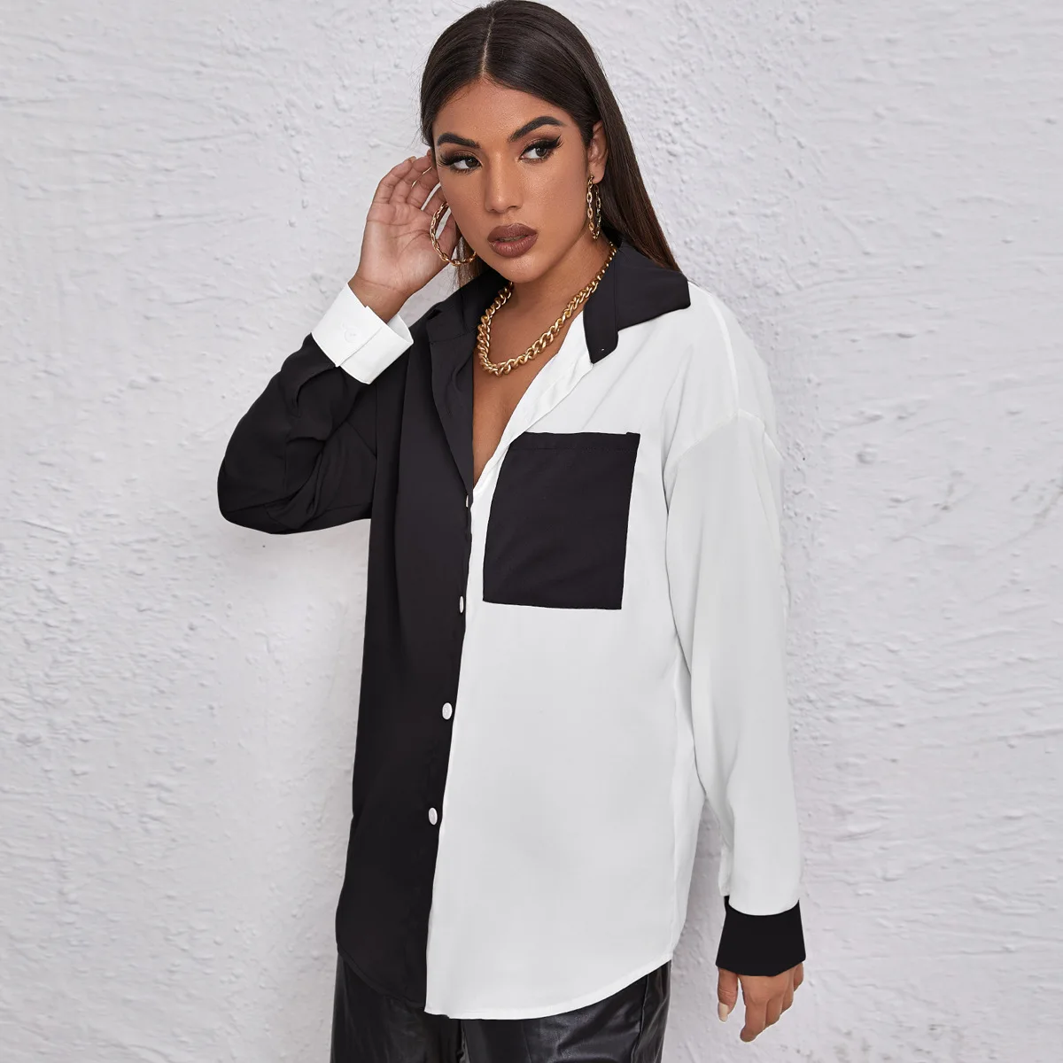 

Autumn Women Cardigan Long Top Fashion Balck White Patchwork Lapel Long Sleeve Shirt Lady Office Wear Casual Pocket Baggy Blouse