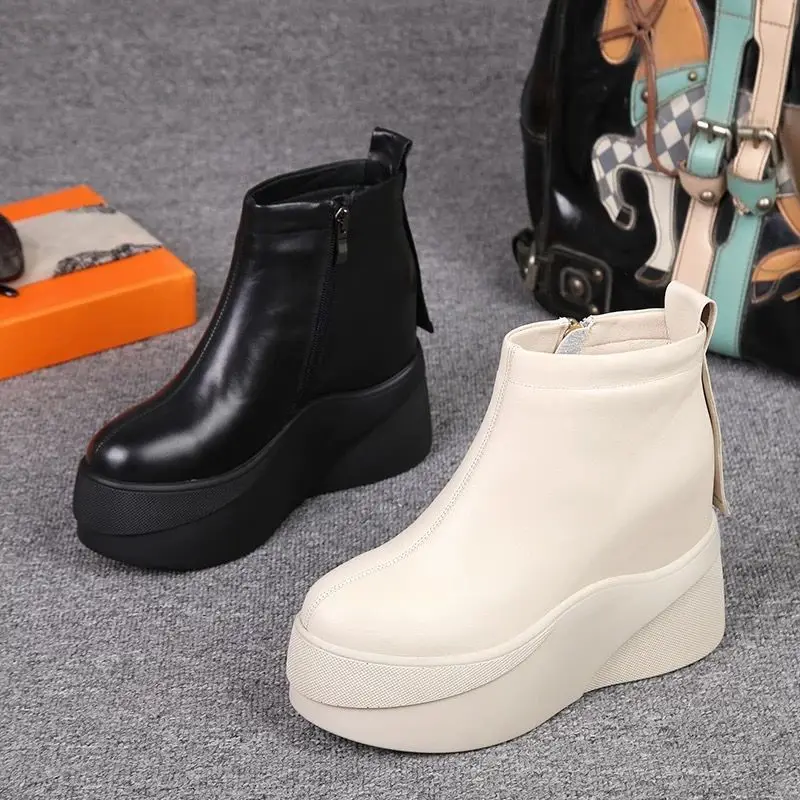 

2021 New Winter Shoes Women Thick Bottom Platform Boots Leather Side Zipper Ankle Boots for Women Wedges Height Increased Boots
