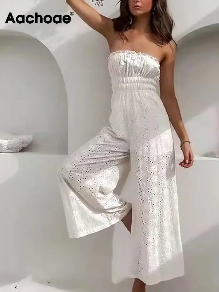 

Aachoae Sexy Solid Color Jumpsuit Women Fashion Strapless Floral Embroidery Jumpsuits Ladies Summer Club Party Jumpsuits