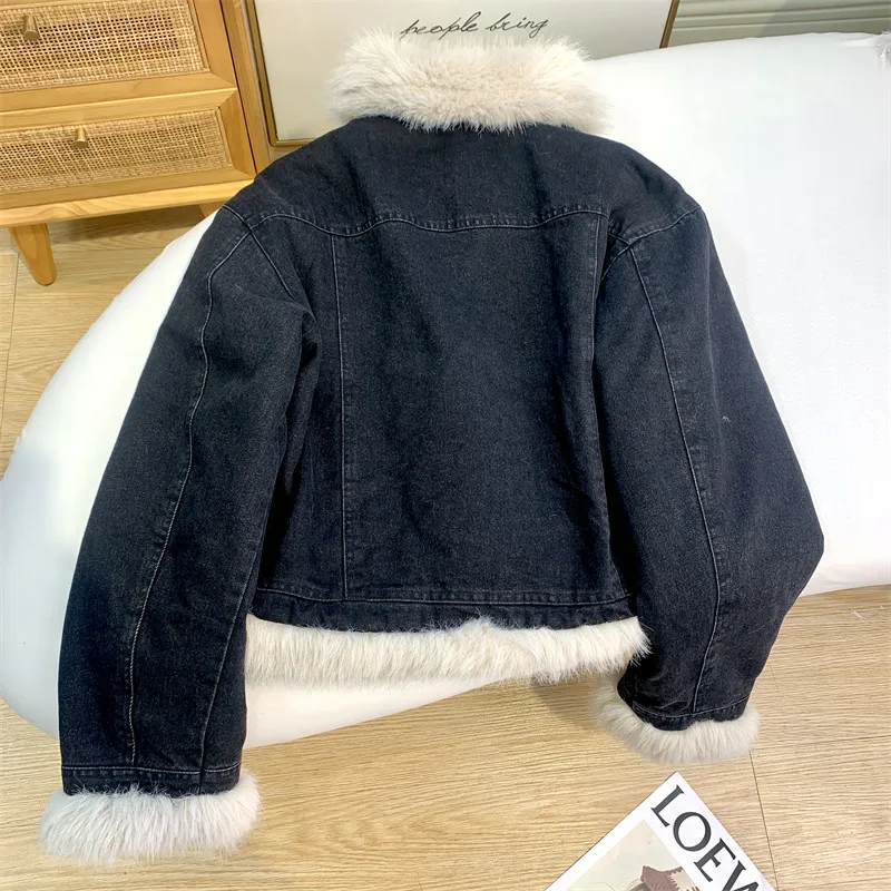American INS Street Wool  Color Contrast Denim Cotton Jacket Women's Retro Short Autumn And Winter  Versatile Coat