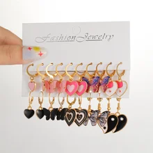 New Fashion Punk Earrings Set Western Style Pink Black Chessboard Ladies Love Tai Chi Temperament Fashion Party Style Earrings