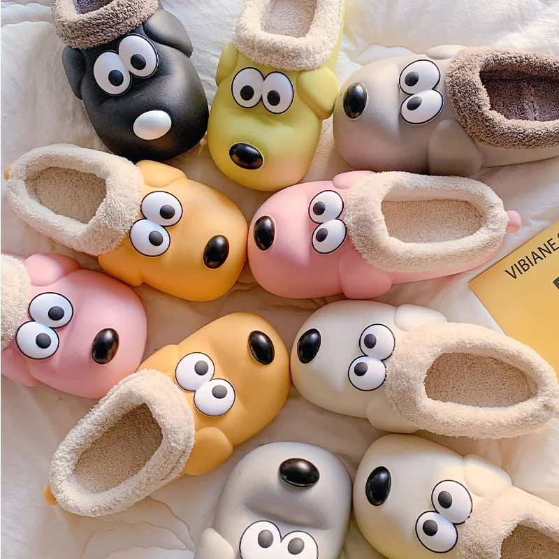 Women's Cute Puppy Slippers Winter Unisex Waterproof Slides Comfortable Warm Home Shoes Thick Bottom Non-Slip Fleece Slippers