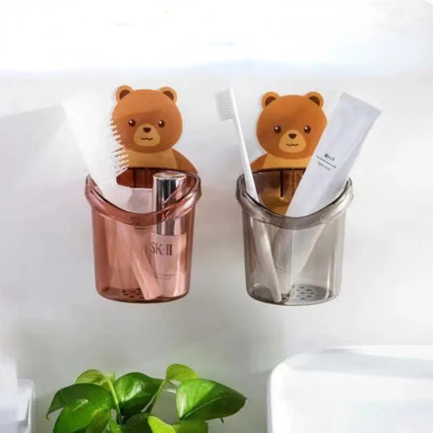

Seamless wall free punching cute cartoon bear holding cup toothbrush rack mini storage blue bathroom wall hanging
