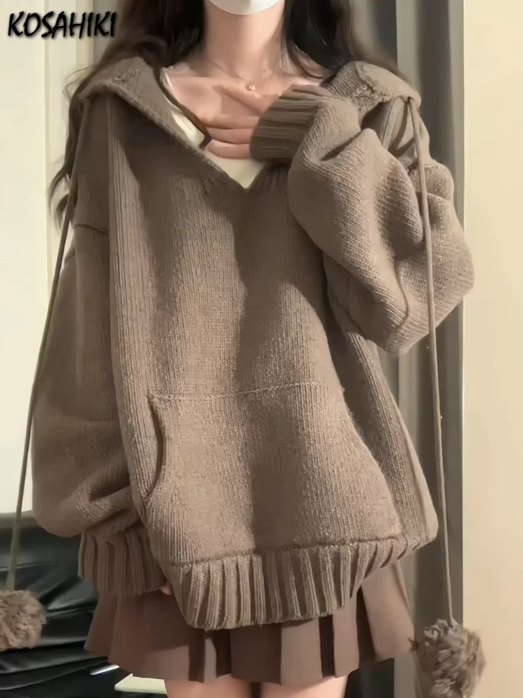 

Y2k Aesthetic Autumn V Neck Woman Sweaters Harajuku Loose Grunge Cardigan Mujer Ball Drawstring Pocekt Patchwork Solid Pullovers