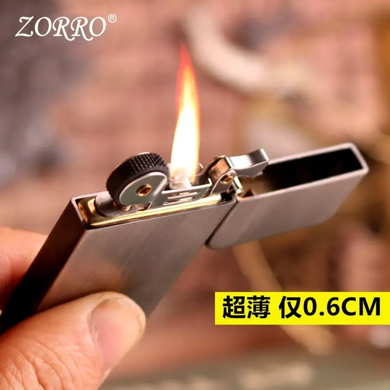 

Original Zorro Thin Pure Copper Stylish Kerosene Lighter Flint Wheel Ignition Windproof Cigarette Lighter Smoking Gadget 0.6CM