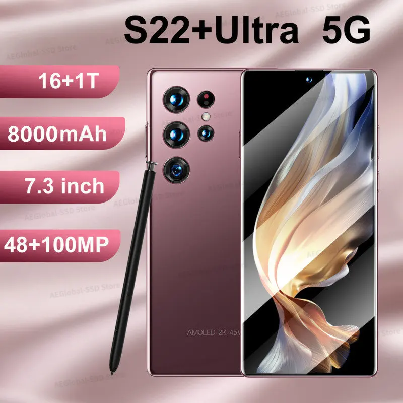 

S22 Ultra Smartphone Original 7.3 inch 16GB+1TB Android Mobile Phones Unlocked 8000mAh 48MP+100MP 5G Network Cellphone Celular