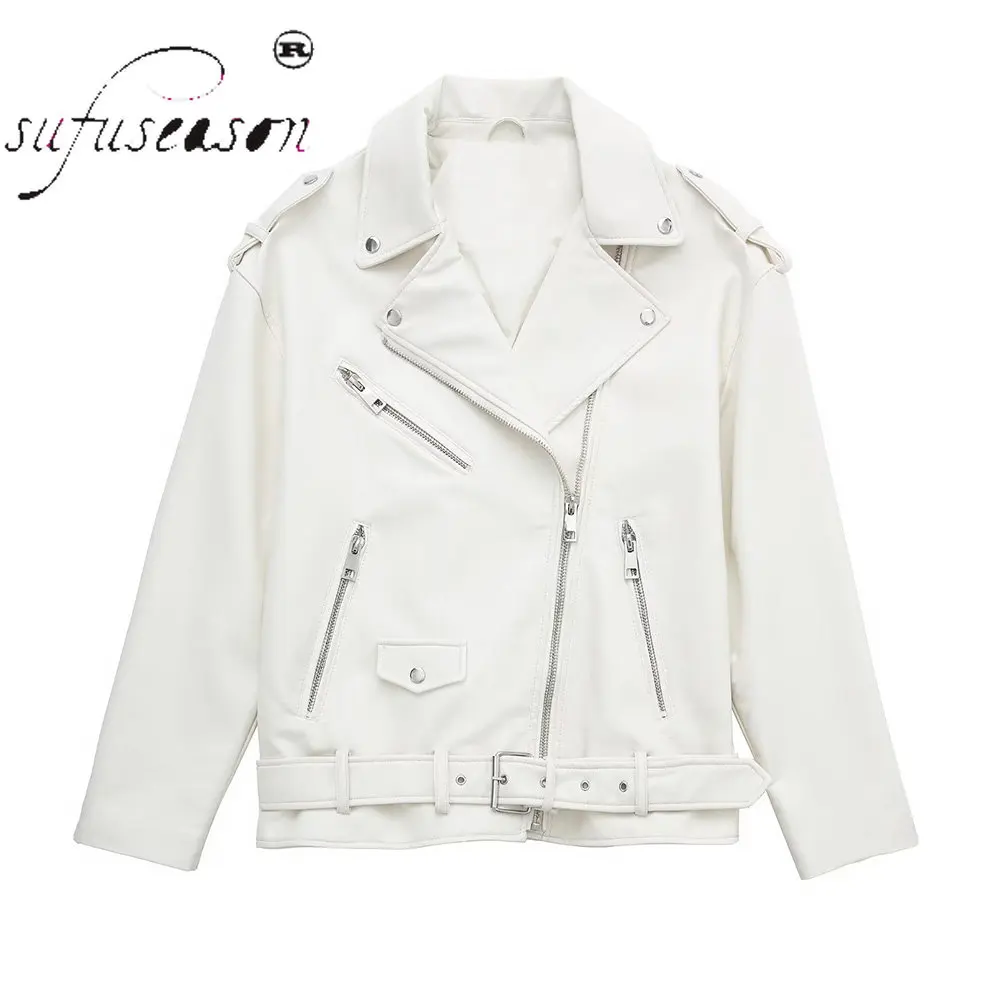 Belt Motorcycle Leather Jackets for Winter Women PU Black Leather Coat Heavy White Casual 2022 New In Clothing Traf Za  Stylish