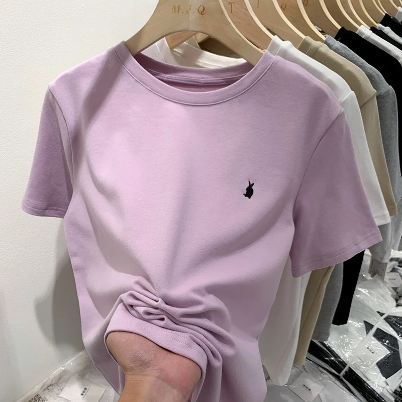 

Новинка 2023, летние женские футболки с вышивкой кролика и круглым вырезом, модные корейские однотонные Топы с коротким рукавом, повседневные белые женские рубашки