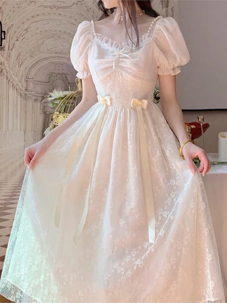 

Elegant Princess Dress Women Vintage Lace-up Party Long Fairy Dresses For Women 2022 Spring Victorian Wedding Midi Dress Korean