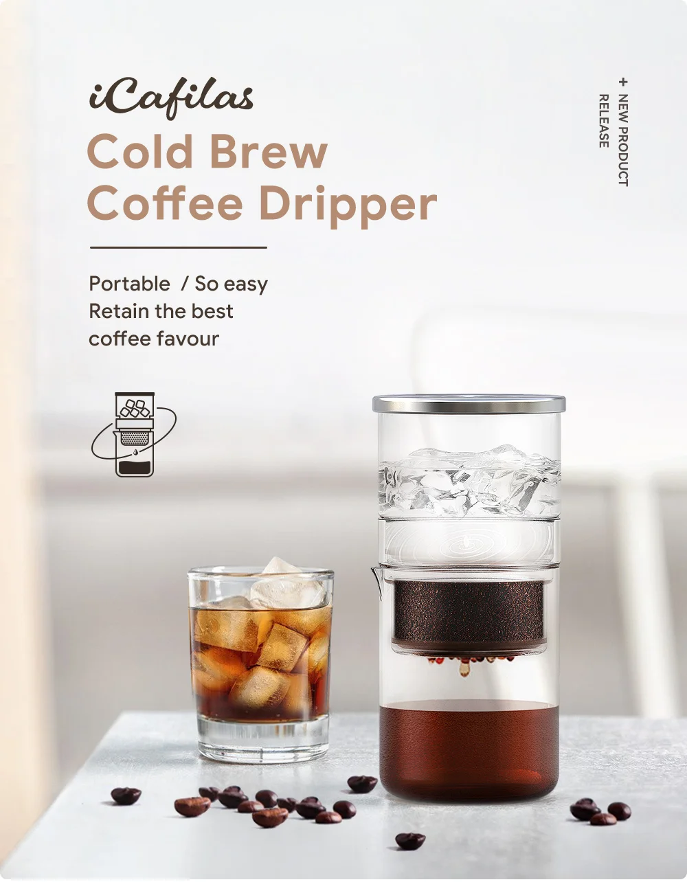 Cold Brew Coffee Maker 300ml Premium Iced Coffee Maker, Glass Cold Brew Iced Coffee Maker with Stainless Steel Mesh Filter