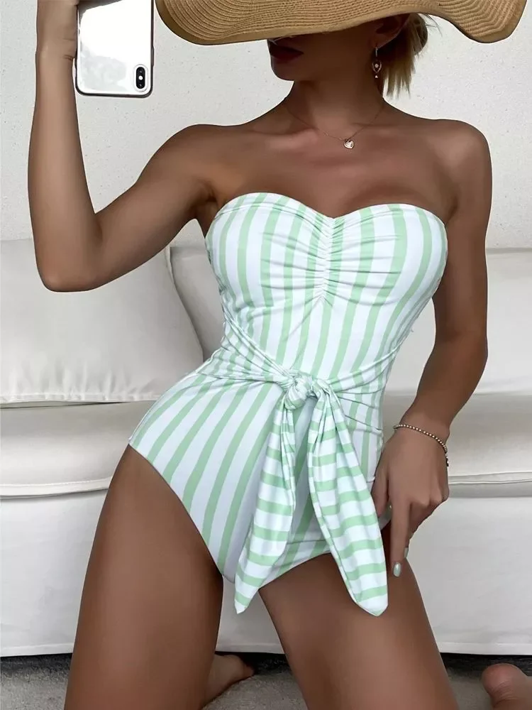 

2022 New Monokini XL One Piece Swimsuit Sexy Striped Swimwear Women Push-Up Bandeau Beach Wear Bathing Suit Knotted Bodysuit