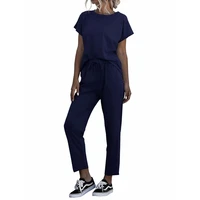 women 2 piece sports suit summer solid loose outfit women short sleeved o neck t shirt lace up high waist straight trousers suit