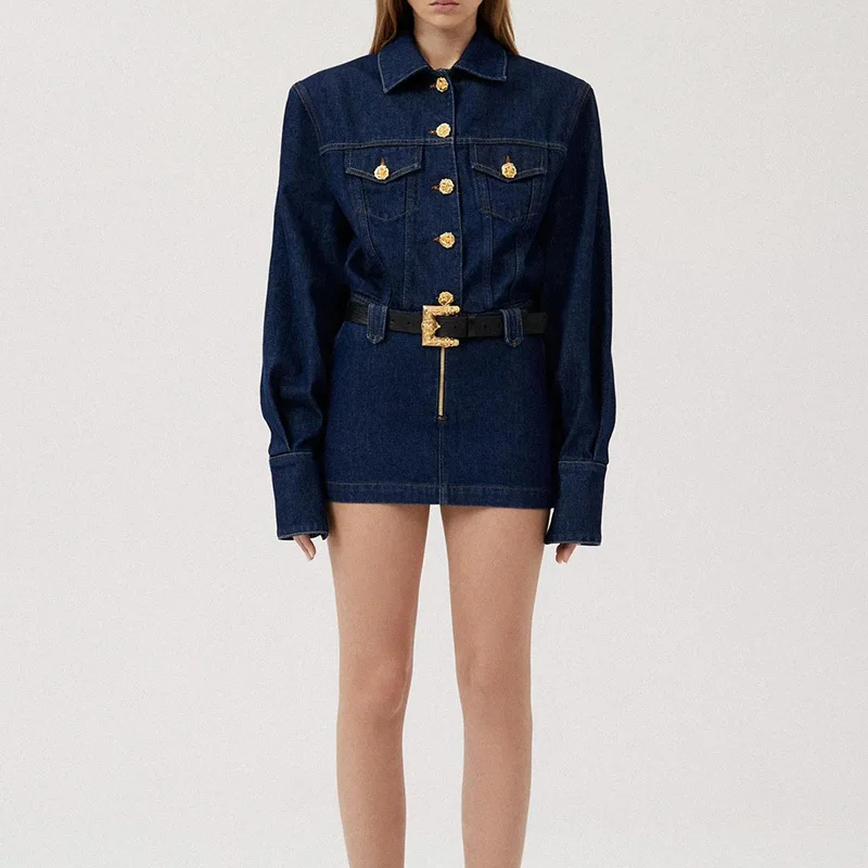 

Женская джинсовая куртка на пуговицах, подиумная модная короткая куртка с длинным рукавом, отложным воротником и золотистыми и розовыми пу...