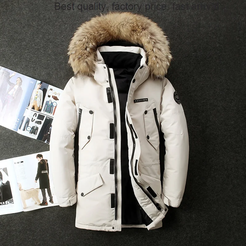 

High quality luxury brand Thickened Warm Jacket Men's Fashion Long White Duck Hooded Down 1989