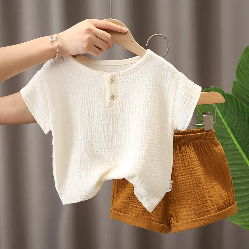 

Cotton Casual Summer Newborn Baby Boys Girls Outfits Suit Ribbed Knitted Short Sleeve T-shirts Tops+Shorts 2Pcs Kids Tracksuits
